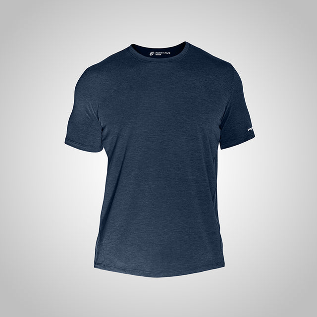 Navy blue t-shirt on a light gray background