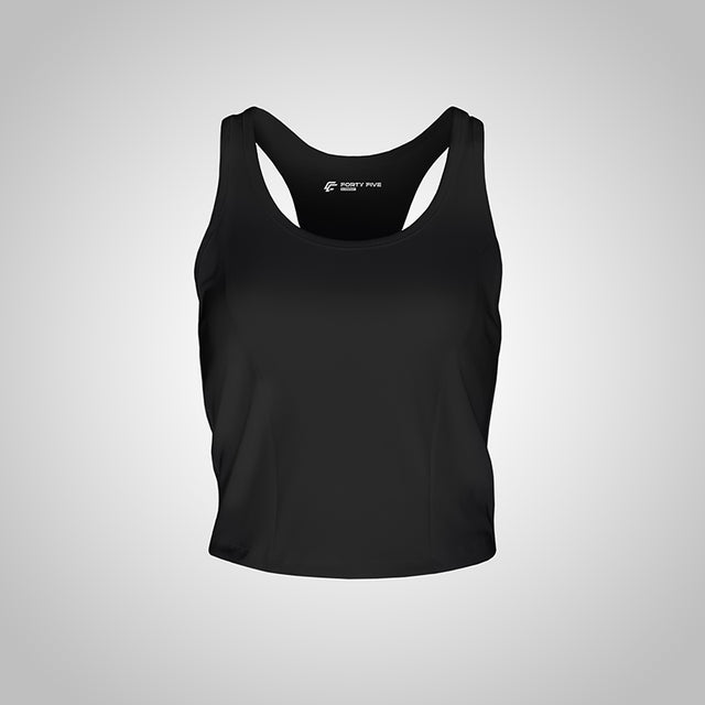 Black tank top with a brand logo on a gray background