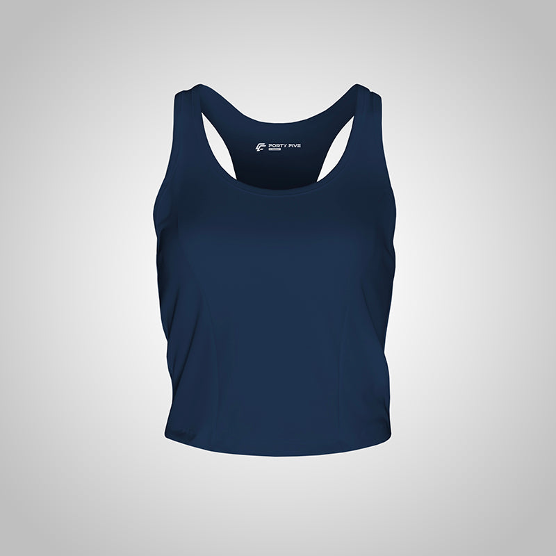 Navy blue tank top with a brand logo on a light gray background