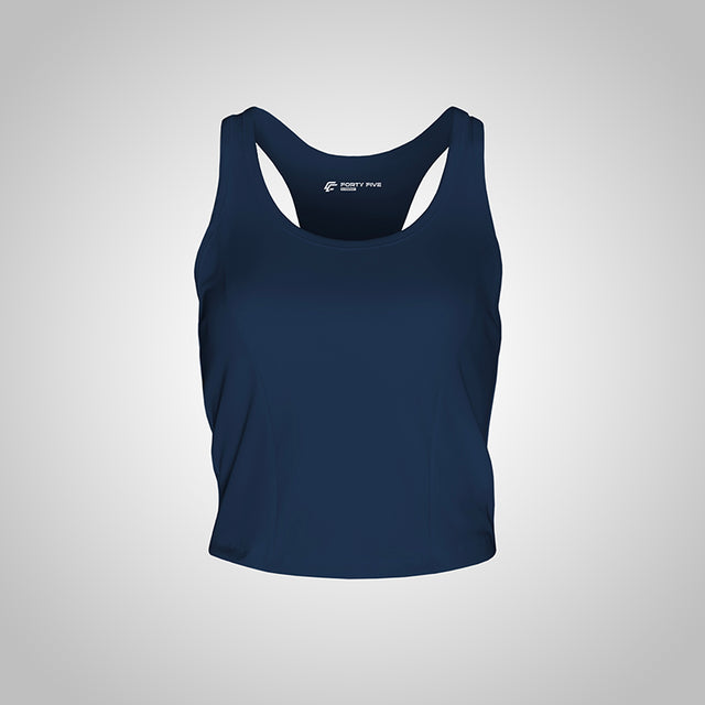 Navy blue tank top with a brand logo on a light gray background