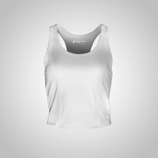 White tank top with brand logo on a light gray background