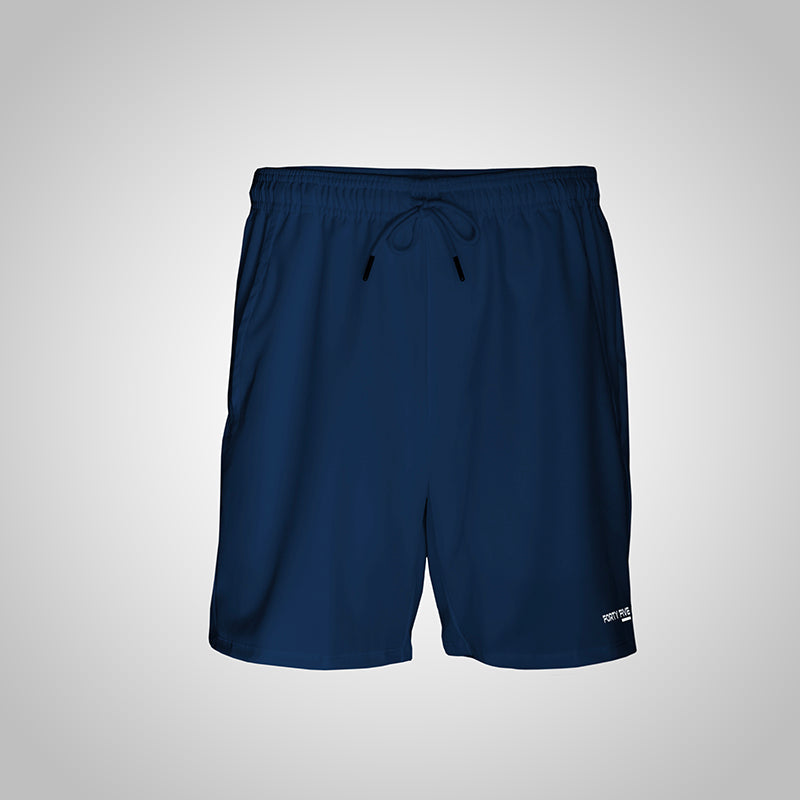 Navy blue shorts with a drawstring on a light gray background