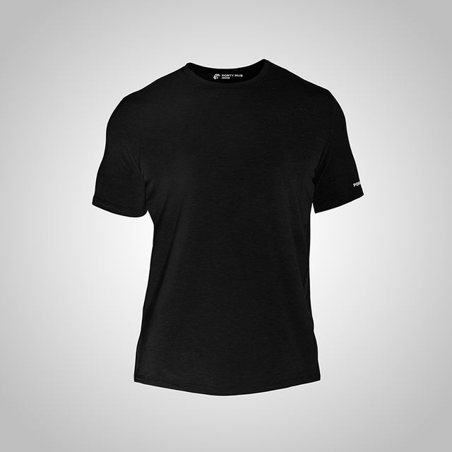 Black t-shirt on a light gray background