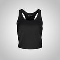 Black tank top with a brand logo on a gray background