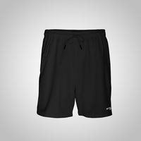 Black shorts with a brand logo on a light gray background