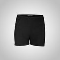 Black shorts with a brand logo on a light gray background