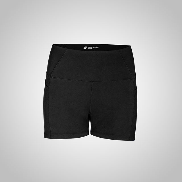 Black shorts with a brand logo on a light gray background