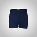 Navy blue shorts with a brand logo on a light gray background