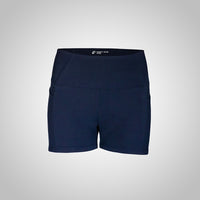 Navy blue shorts with a brand logo on a light gray background