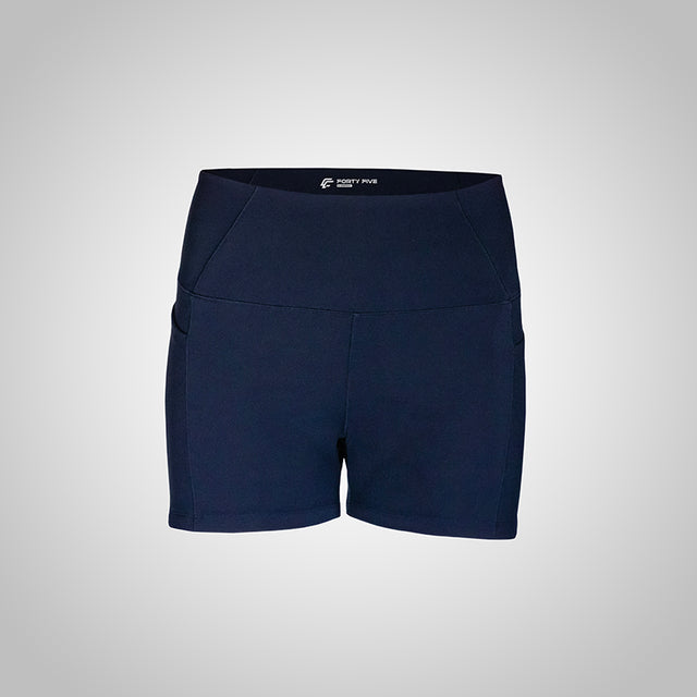 Navy blue shorts with a brand logo on a light gray background